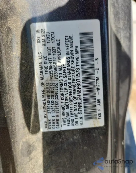 2015 Honda Odyssey Ex z USA, uszkodzony, nr VIN 5FNRL5H48FB071573